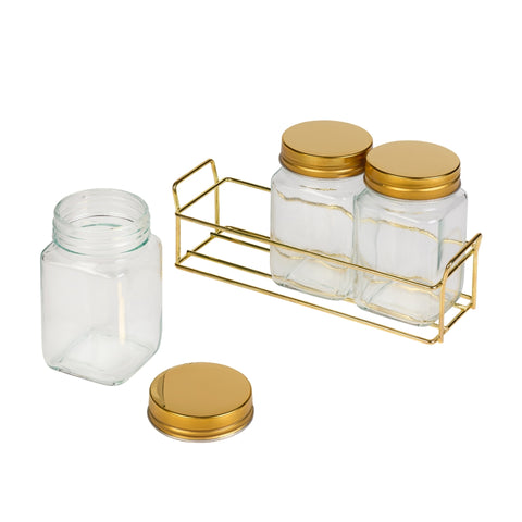 Tala Set of 3 Glass Storage Jars 260ml with Gold Lids & Gold Rack