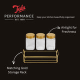 Tala Set of 3 Glass Storage Jars 260ml with Gold Lids & Gold Rack